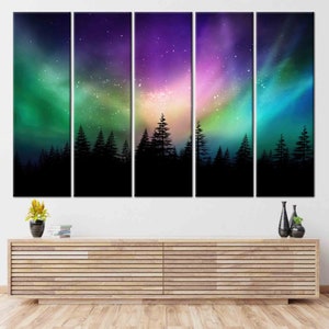 Aurora Borealis Northern Lights Over Canadian Forest, Northern Lights Wall Art, Nature Wall Art, Night Wall Art, Starry Sky Wall Art, Set of 5 Panels