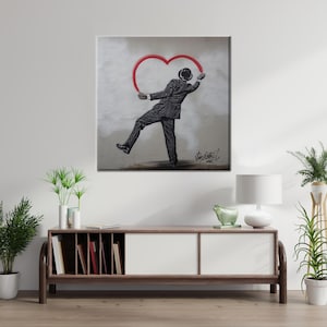 Graffiti Wall Decor, Love Graffiti Canvas Art, Love Printed, Man Drawing Heart on the Wall Artwork, Personalized Wedding Gift,