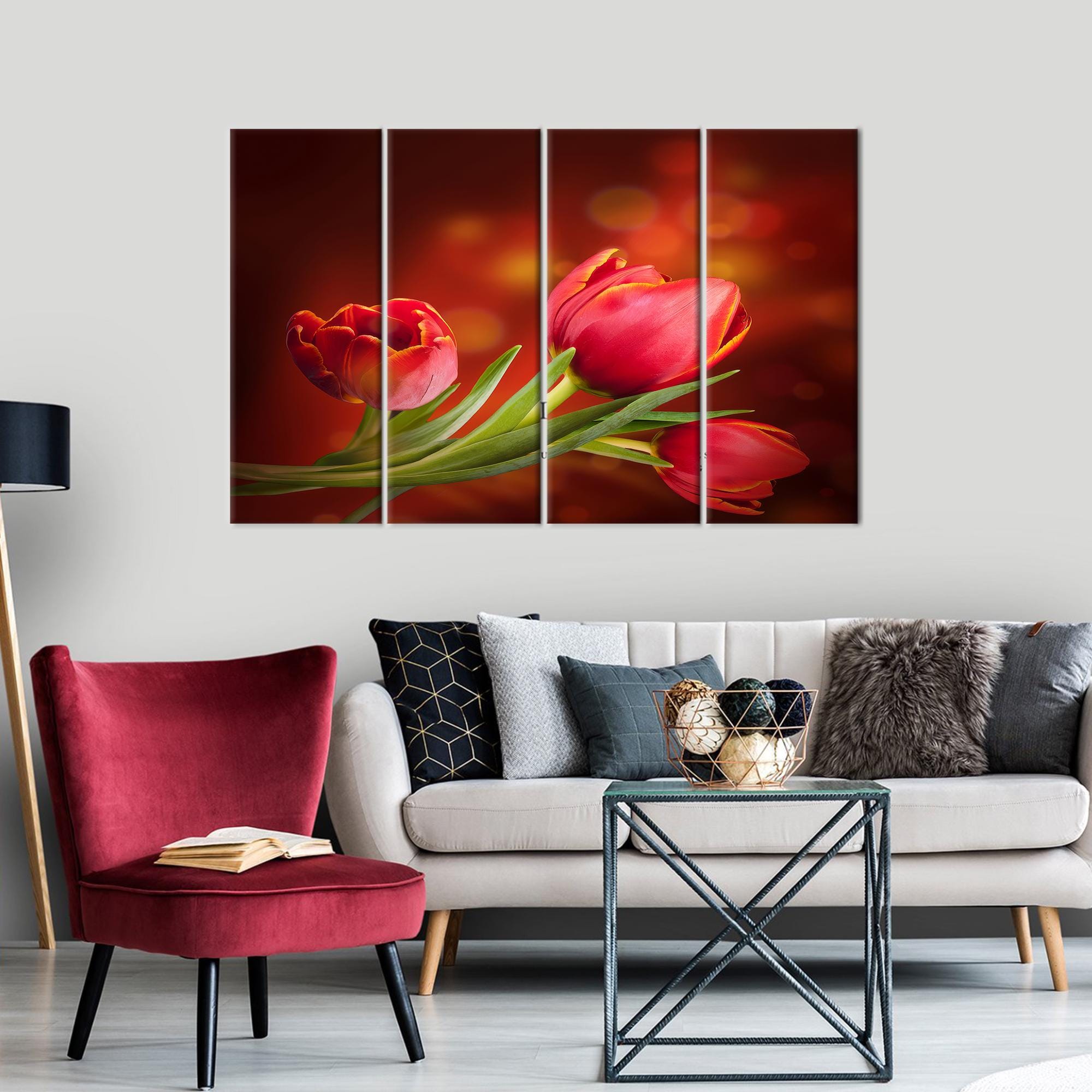 赤いチューリップのキャンバスアート：モダンな花柄の壁飾り - Etsy 日本
