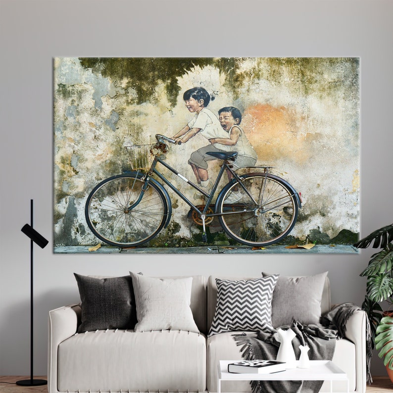 Penang Malaysia, Penang Street Art, Children On Bike, Wall Art Canvas, Street Art Photography, Bicycle Canvas, Graffiti Wall Art, Single Panel