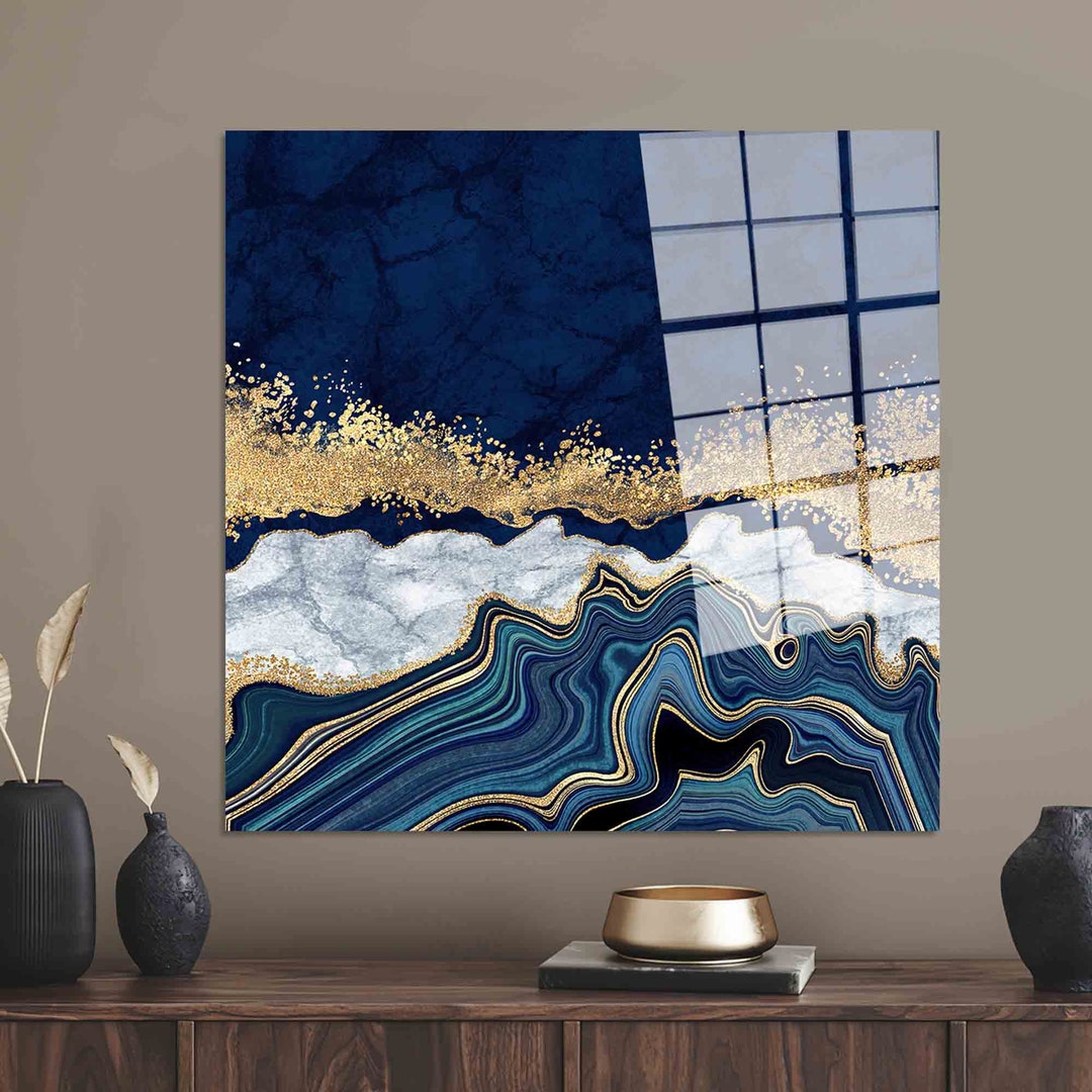 Abstract Tempered Glass Navy Blue Glass Wall Art Glass Wall Etsy