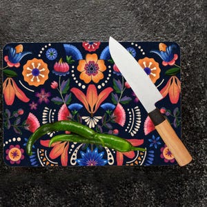 Floral Botanical Cutting Board: Abstract Orange Flowers Serving Board