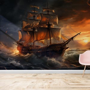 Carta artigianale pirata, stampa murale nave sull'oceano, parete decorativa, stampa artistica 3D, visualizzazione della carta artigianale, adesivi murali nave, regalo per la casa,