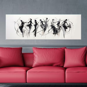 Lienzo de bailarinas monocromáticas, pintura abstracta de ballet en blanco y negro sobre lienzo de algodón, decoración de pared de danza moderna para sala de estar.