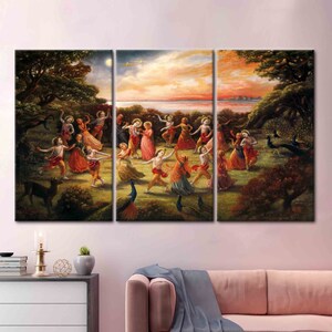 Sztuka tańca Radha Krishna na płótnie: plakat hinduski Rasa Lila zdjęcie 3