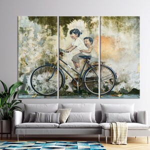 Penang Malaysia, Penang Street Art, Children On Bike, Wall Art Canvas, Street Art Photography, Bicycle Canvas, Graffiti Wall Art, Set of 3 Panels