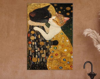 Klimt-stil katter Canvastavla: Romantiska katter, guld abstrakt målning