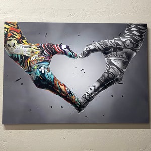 Graffiti Heart Hands Canvas – Color and Black Street Art Style Love Print on Cotton Canvas for Bold Urban Wall Decor