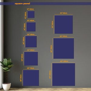 Pu&ograve; includere: Un grafico che mostra diverse dimensioni di pannelli quadrati in pollici e centimetri. I pannelli sono di colore blu scuro e sono visualizzati su una parete grigia.