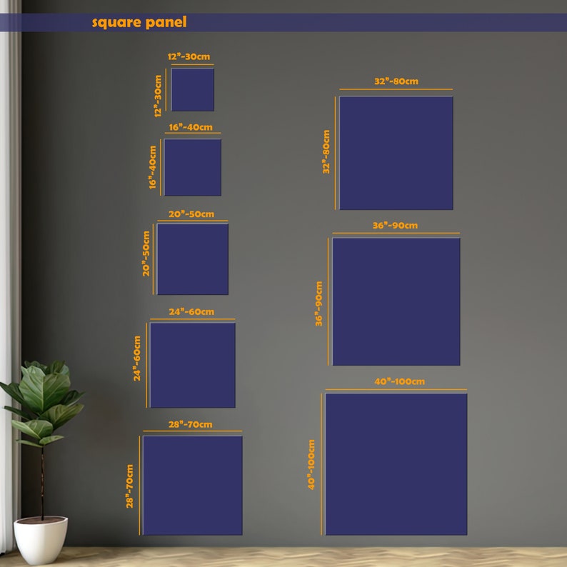 Pu&ograve; includere: Un grafico che mostra diverse dimensioni di pannelli quadrati in pollici e centimetri. I pannelli sono di colore blu scuro e sono visualizzati su una parete grigia.