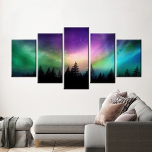 Aurora Borealis Northern Lights Over Canadian Forest, Northern Lights Wall Art, Nature Wall Art, Night Wall Art, Starry Sky Wall Art, 5 Panel Diamonds