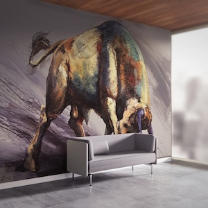Papel tapiz autoadhesivo, impresión de pintura de toro, papel tapiz contemporáneo, arte de pared de papel, papel tapiz 3D, póster de pared de toro, arte de pared tipo loft,