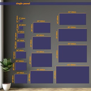 May include: A display of various rectangular canvas sizes in shades of blue, with dimensions in inches and centimeters. The sizes range from 8"x20cm to 114"x290cm, with the text "single panel" at the top.