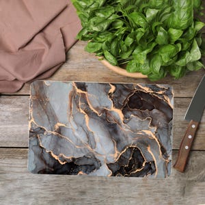 Gray And Black Marble Cutting Board, Gray Marble Chopping Board, Black Marble Serving Board, Marble Serving Board, Glass Print Cutting Board