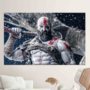 Kratos Canvas Wall Art, God of War Nordic Print, Gaming Warrior Poster, Norse Mythology Game Decor, Epic Gamer Room Canvas Art
