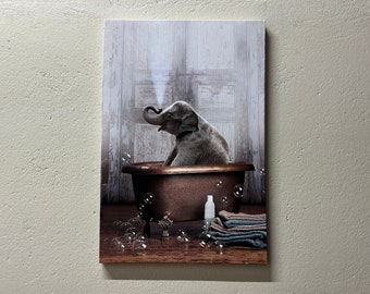 Elephant in Blue Bathtub, Elephant Canvas, Elephant Wall Decor, Animal Wall Art, Bathtub Elephant, Cute Elephant Print, Bathroom Wall Art,