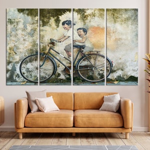 Penang Malaysia, Penang Street Art, Children On Bike, Wall Art Canvas, Street Art Photography, Bicycle Canvas, Graffiti Wall Art, Set of 4 Panels