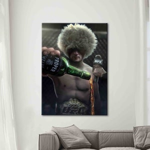 Fighter Motivation Wall Decor,Khabib UFC Champion Canvas, MMA Fighter Pouring Whiskey Poster on Cotton Canvas for Man Cave or Fight Fans