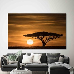 African Sunset Tree Wall Art, Savannah Landscape Poster, Warm Tones Canvas Print, Safari Nature Decor for Living Room