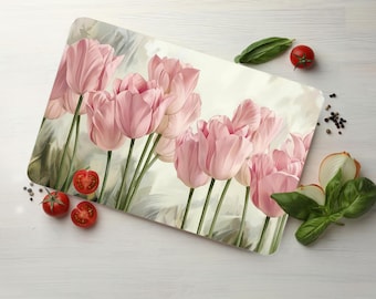 Tabla de cortar de vidrio templado con tulipanes rosas: decoración floral para la cocina