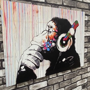 Banksy Monkey Graffiti Canvas Art: Thinking Ape with Headphones