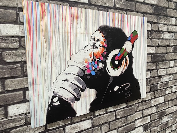 Banksy Monkey Graffiti Canvas Art: Thinking Ape With Headphones - Etsy