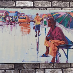 African Woman in Rain Canvas Art: Nigerian Painting, Colorful Umbrella
