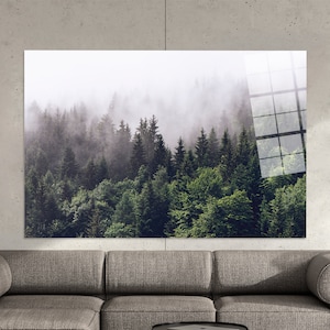 Misty Forest Glass Wall Art: Landscape Mountain View