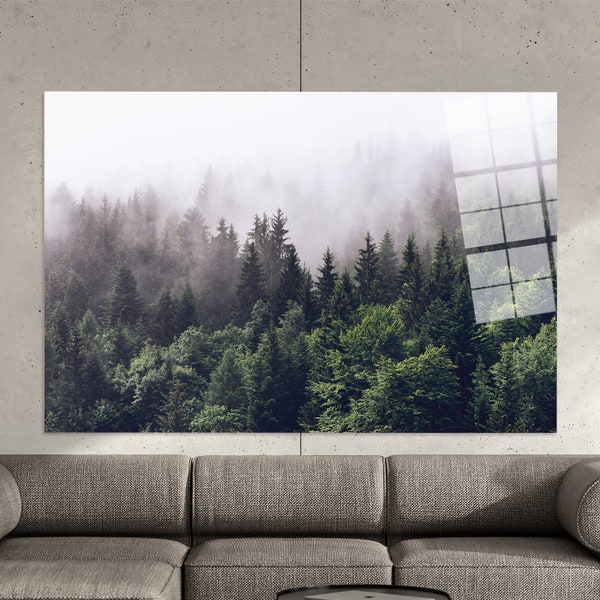 Glass Printing, Large Glass Wall Art, Custom Glass Printing Wall Art, Misty Forest Wall Decor, Misty Mountain View, Landscape Glass Wall Art