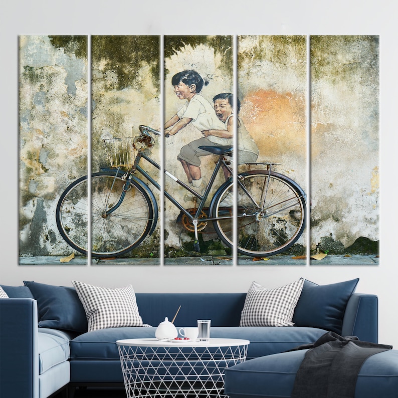 Penang Malaysia, Penang Street Art, Children On Bike, Wall Art Canvas, Street Art Photography, Bicycle Canvas, Graffiti Wall Art, Set of 5 Panels