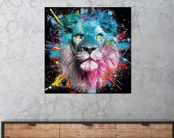 Colorful Lion Head Canvas Print: Abstract Graffiti Pop Art