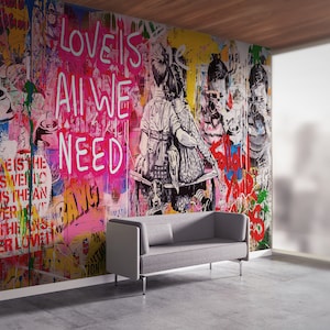 Papel tapiz autoadhesivo, Love Is All We Need, Impresión de graffiti en la pared, Papel tapiz moderno, Papel tapiz personalizado, Mural Love Need,