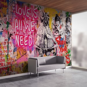 Wall Paper Peel and Stick, Love Is All We Need, Graffiti Wall Print, Modern Wall Paper, Custom Wall Paper, Love Need Mural,