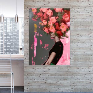 Floral Woman Portrait Canvas Art: Modern Pink Gray Feminine Decor