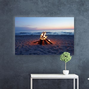 Arte en lienzo de fogata en la playa, arte de pared con paisaje marino, arte de pared con vistas, arte de fogata, decoración de pared con paisaje de fogata, obra de arte de fuego de leña,