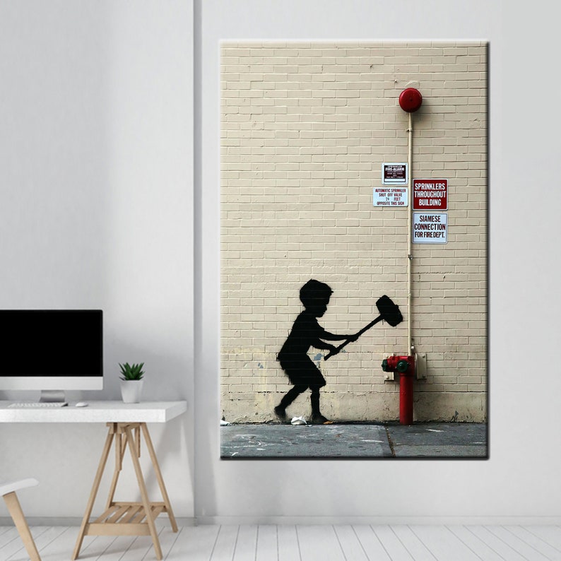 May include: A black silhouette of a child holding a hammer, standing in front of a red fire hydrant on a brick wall. The wall has signs that read "Sprinklers Throughout Building" and "Siamese Connection for Fire Dept."