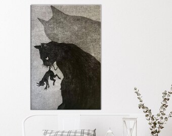 Lienzo de madre y gatito: silueta minimalista en negro y gris