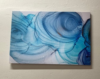 Blaue Alkohol Tinte Leinwand Druck: Abstrakte Fluid Art Wanddekor