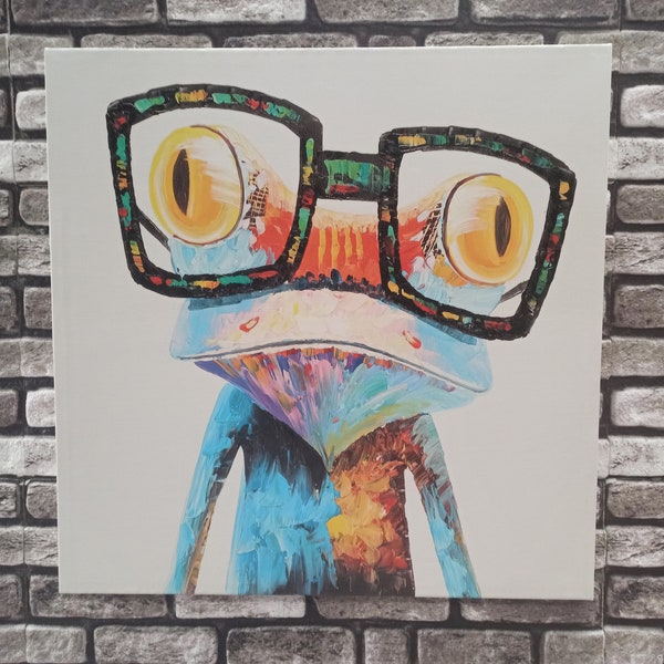 Grenouille arc-en-ciel avec des lunettes, Grenouille avec des lunettes imprimées, Art de grenouille coloré, Toile animale, Art sur toile moderne, Art mural d’animaux amusants,