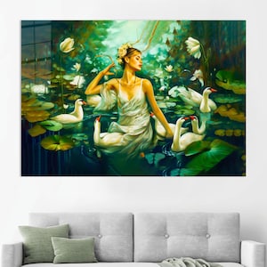 Woman and Swans Glass Art: Abstract Wall Decor