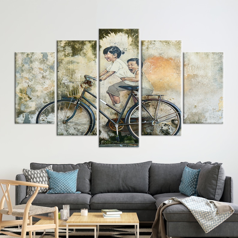 Penang Malaysia, Penang Street Art, Children On Bike, Wall Art Canvas, Street Art Photography, Bicycle Canvas, Graffiti Wall Art, 5 Panel Diamonds