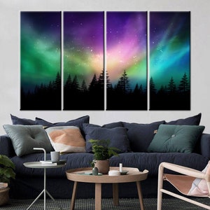 Aurora Borealis Northern Lights Over Canadian Forest, Northern Lights Wall Art, Nature Wall Art, Night Wall Art, Starry Sky Wall Art, Set of 4 Panels