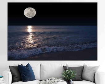 Gift for Her, Living Room Wall Art, Canvas Wall Art, Night Landscape Canvas, View Printed, Sea And Moon View, Full Moon Canvas Gift,