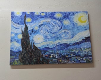 May include: A painting of a starry night sky with a crescent moon and a village in the distance. The sky is a deep blue with swirling clouds and bright white stars. The village is small and quaint, with a church steeple in the center.