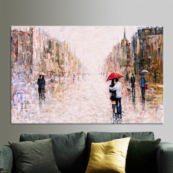 Painting on Canvas, Canvas Home Decor, Custom Canvas, Couple With Red Umbrella, Cityscape Poster, Landscape Canvas Print,