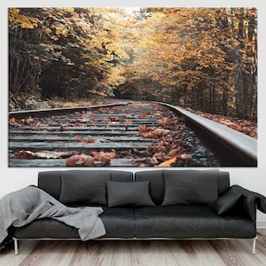 Autumn Railroad Tracks Canvas Art: Nature Landscape Wall Decor
