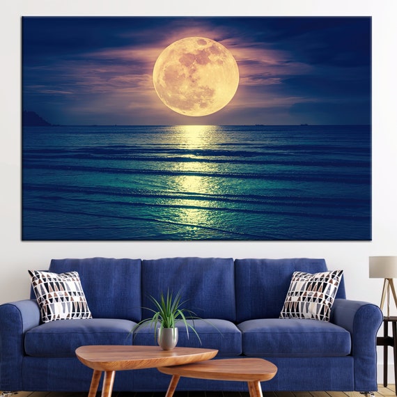 Wall Art Moon Sea Ocean Landscape Picture Canvas Wall Art Print Paintings Modern Artwork for Living Room Wall Decor and Home Décor Framed Ready to Hang,2cm Thick Frame, Waterproof Artwork