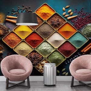 Modern Wallpaper, Spice Plates Wall Decor, Personalized Wallpaper, Spices Wall Decor, Colorful Spices Wall Art, Wallpaper Art,