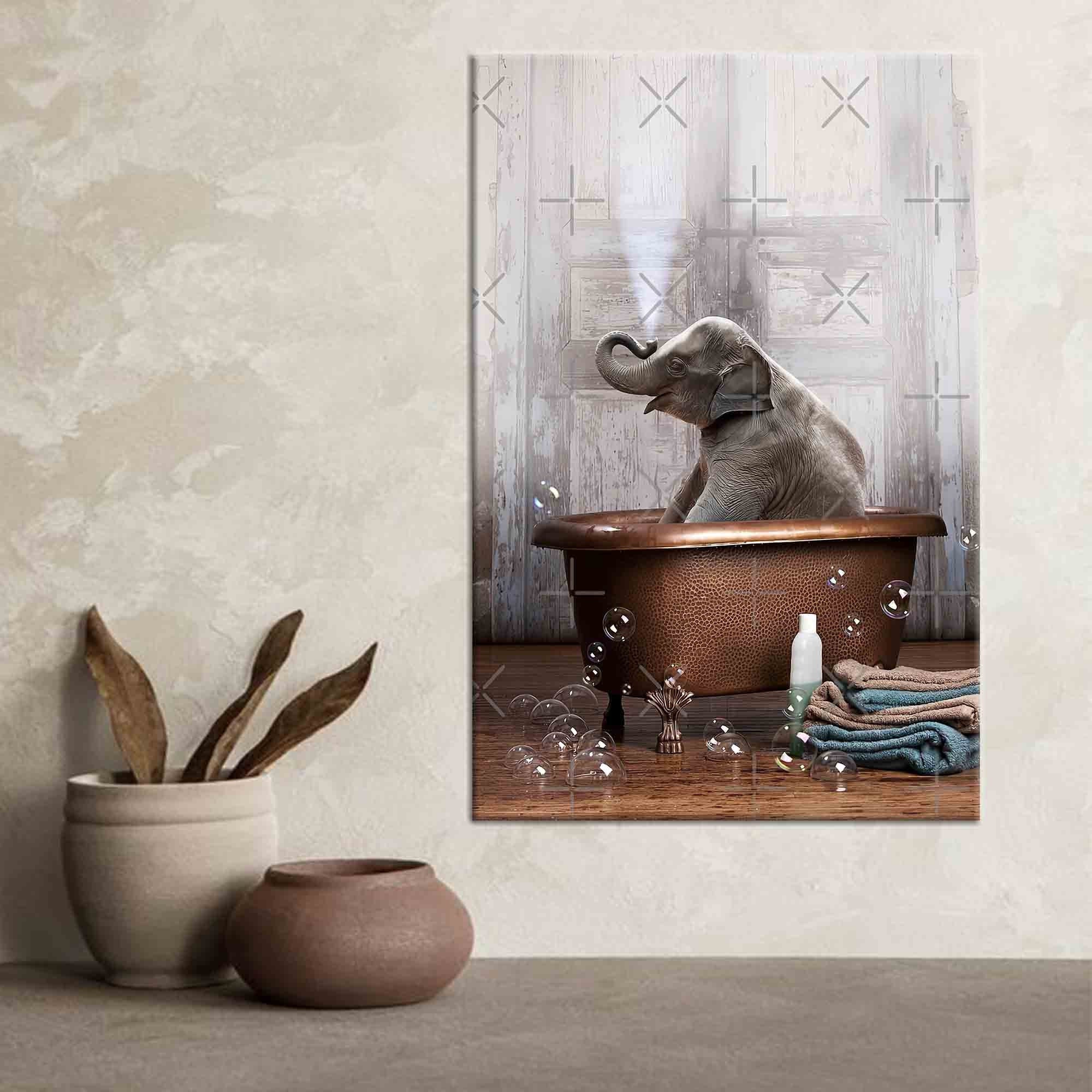 Elephant in Blue Bathtub Elephant Canvas Elephant Wall - Etsy