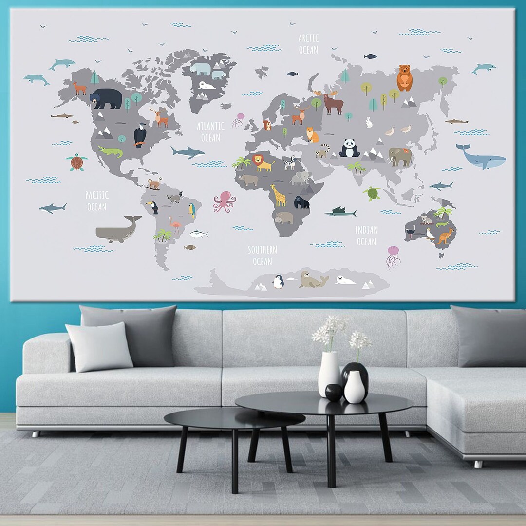 Animal World Map Nursery Map Kids Map Wall Art Kids Wall - Etsy Denmark